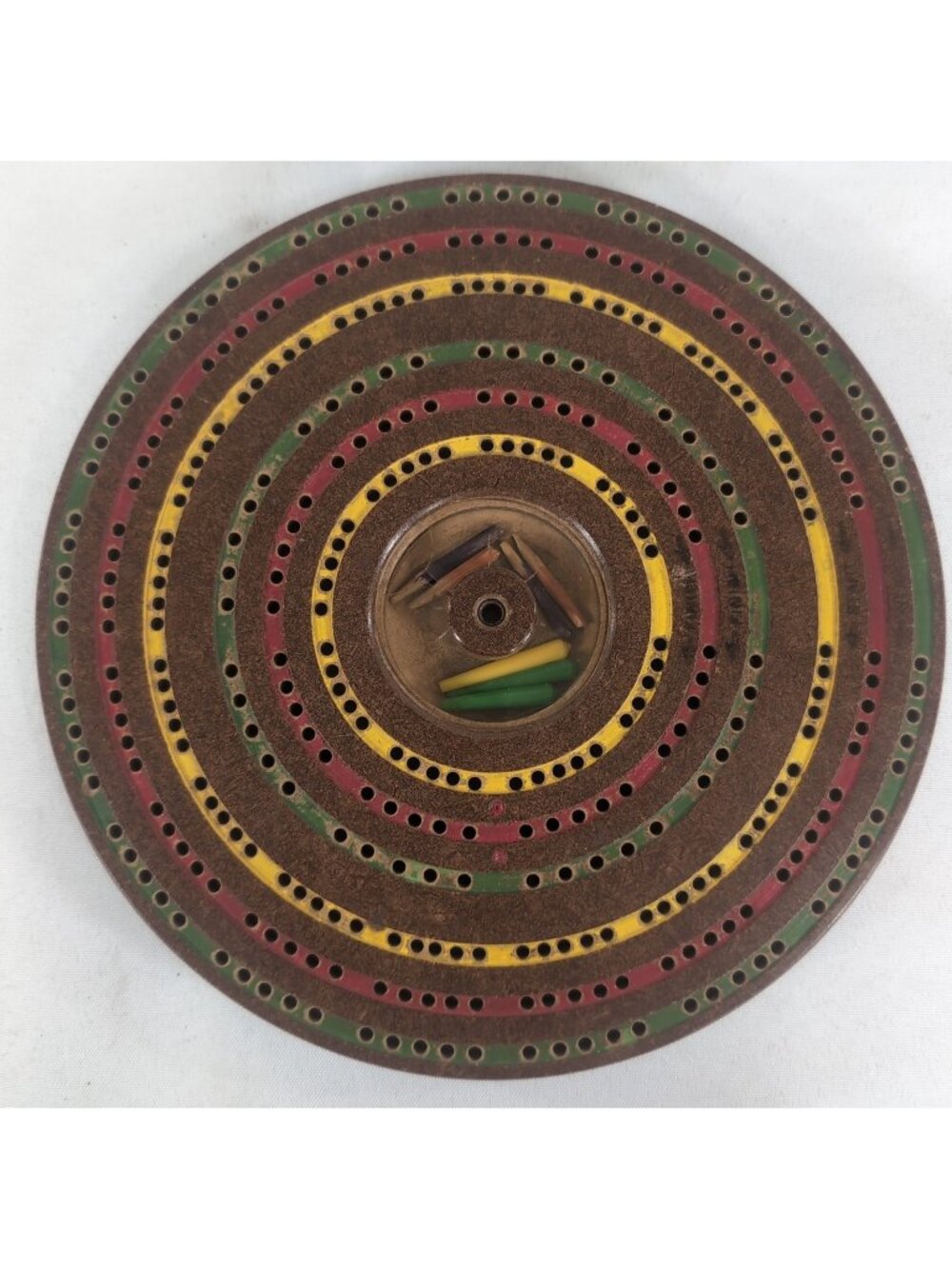 Vintage Circular Round Cribbage Board Wood Threelane Acme Ruler Sicotte Crib